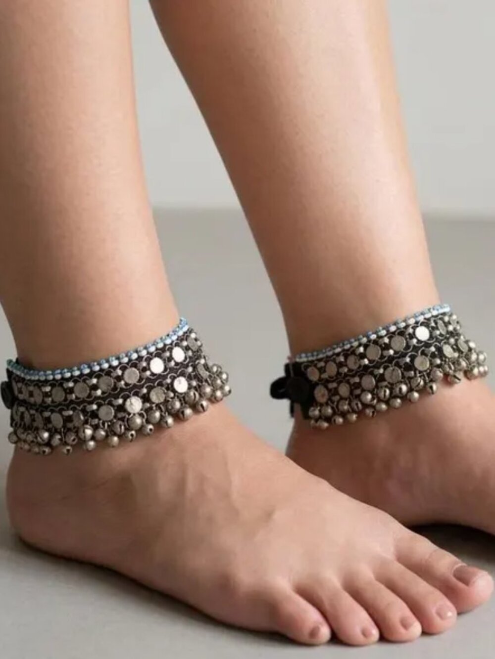 Afghan Kuchi Anklet Pair: Handmade Tribal Silver Bells Body Jewelry